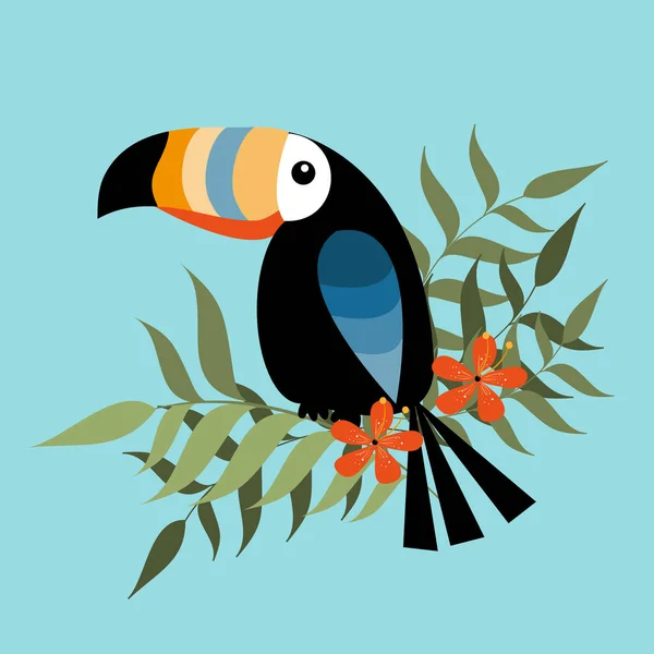 Sød Tropisk Fugl Toucan Palmeblade Hibiscus Turkis Farve Baggrund Vektorillustration – Stock-vektor