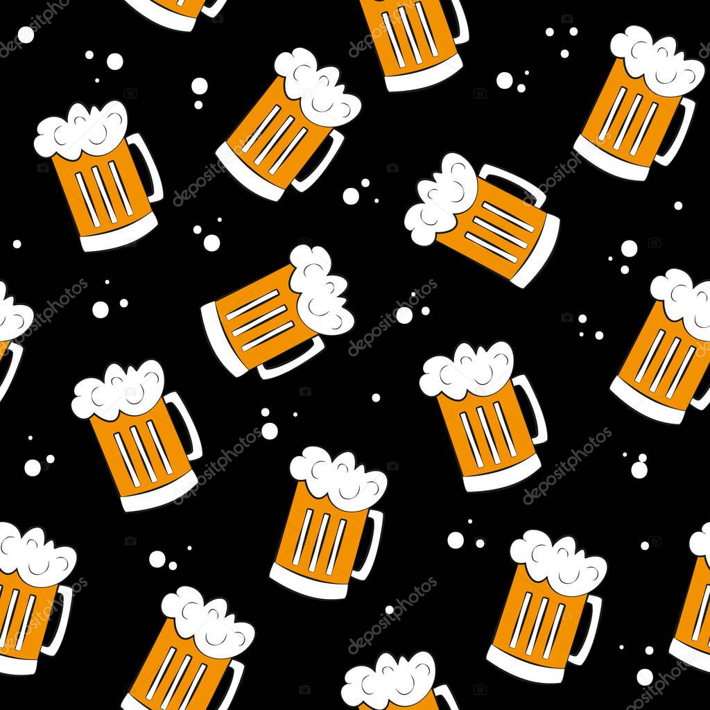 Beer Mugs on black background, seamless pattern.Good for wallpaper, pub decor, wrapping paper, textile print design.