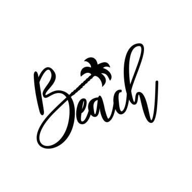 Palmiye ağaçlı sahil kaligrafisi tişört izi, tebrik kartı, poster, tekstil ve hediye tasarımı için iyidir..