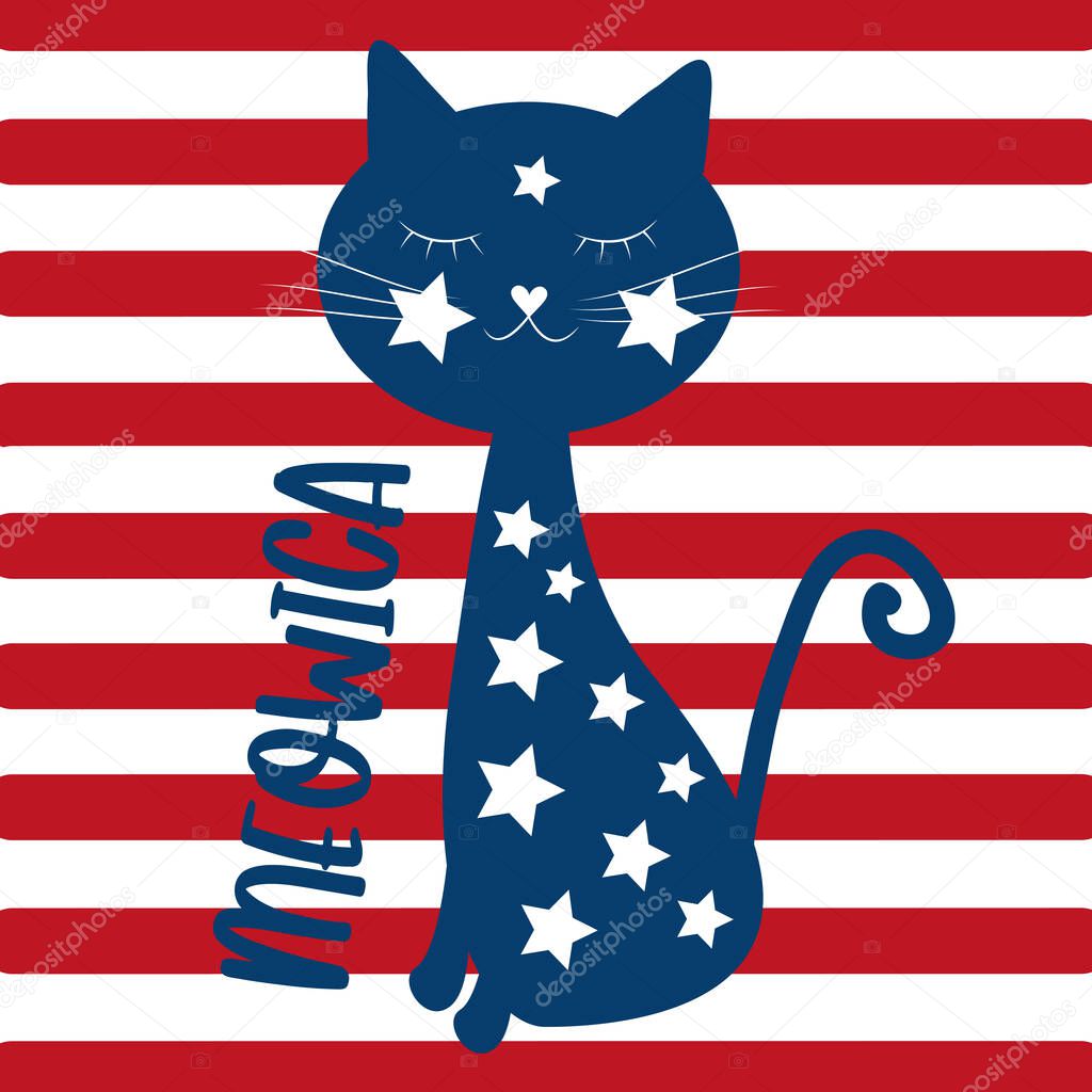 Meowica- cute cat- Happy Independence Day, 4th of July design illustration. Good for advertising, poster, announcement, invitation, party concept.
