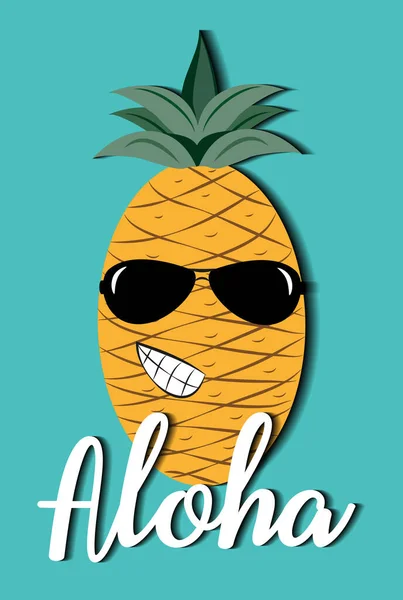 Aloha Calligraphy Cute Smiley Pineapple Sunglasses Good Poster Banner Postcard — Stock Vector