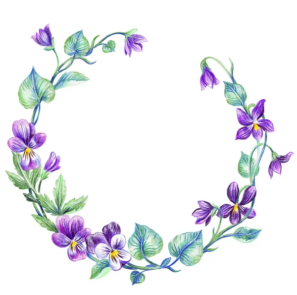 Grinalda de primavera de flores violetas — Fotografia de Stock