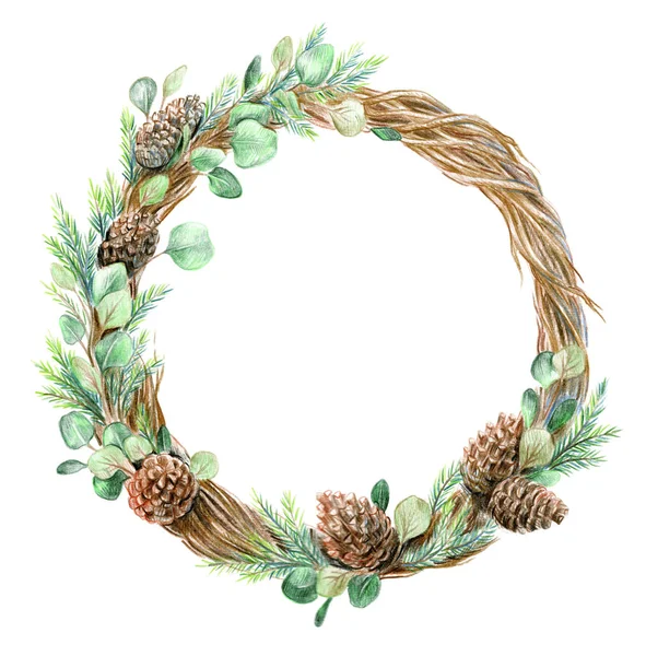 Christmas wreath with Fir cones, eucalyptus leaves and branches. — Stock Photo, Image