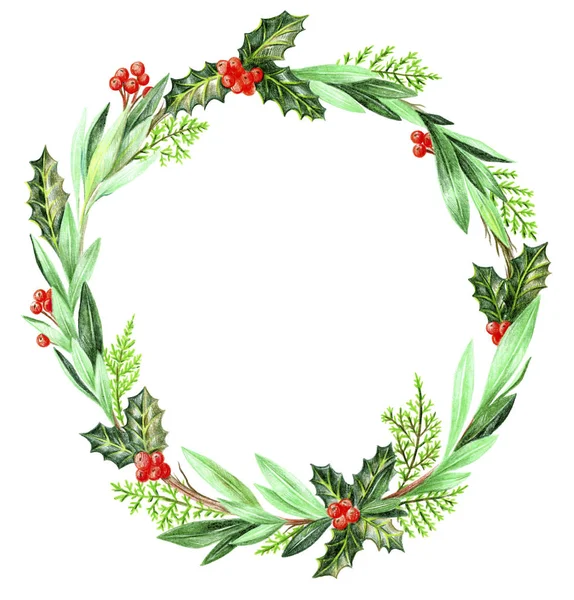 Christmas wreath Holly and thuja. — Stock Photo, Image