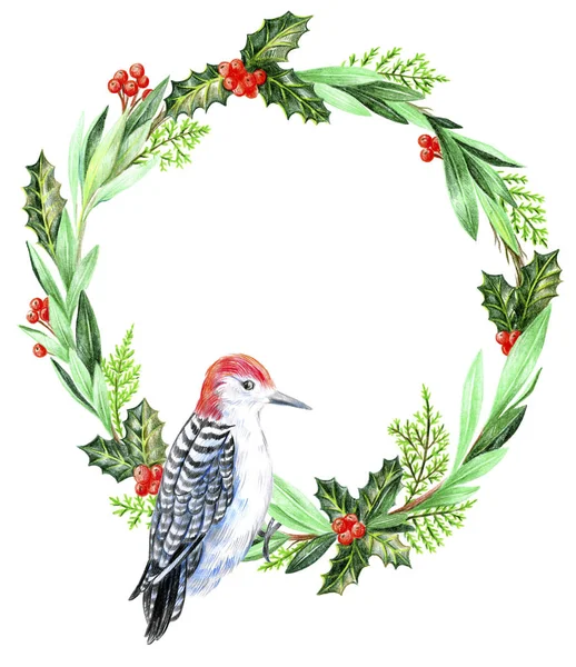 Christmas wreath woodpecker bird on a branch. — Stock Photo, Image