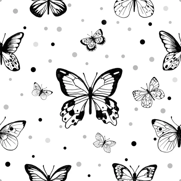 Mariposas. Vintage elegante patrón de tinta negra. Impresión delicada d —  Fotos de Stock
