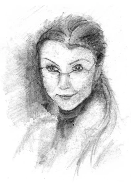 Молодая женщина в очках. Портрет с карандашом из угля . — стоковое фото
