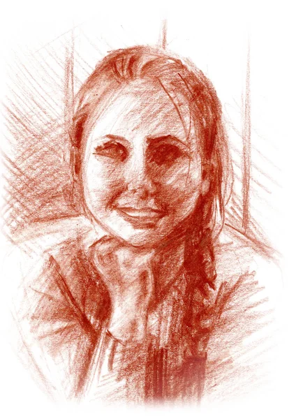 Sketch drawn by sanguine. Portrait of a young girl. — ストック写真