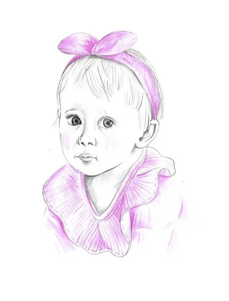 Portrait in pencil. Toddler girl with a pink bow — ストック写真