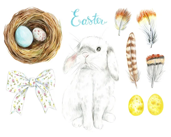 A nest with eggs, a rabbit, a bow and feathers. — Stock Photo, Image