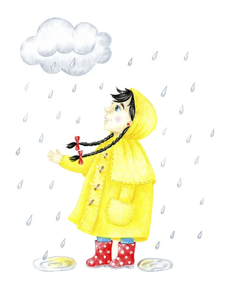 A little girl in a yellow raincoat and red polka-dot rubber boots walks in the rain. Pencil sketch.