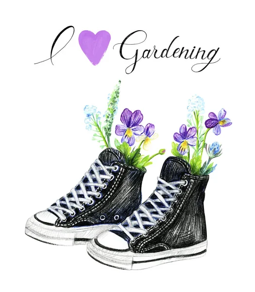 Zapatillas Adolescentes Negras Con Violetas Letras Encanta Jardinería Dibujo Lápiz — Foto de Stock