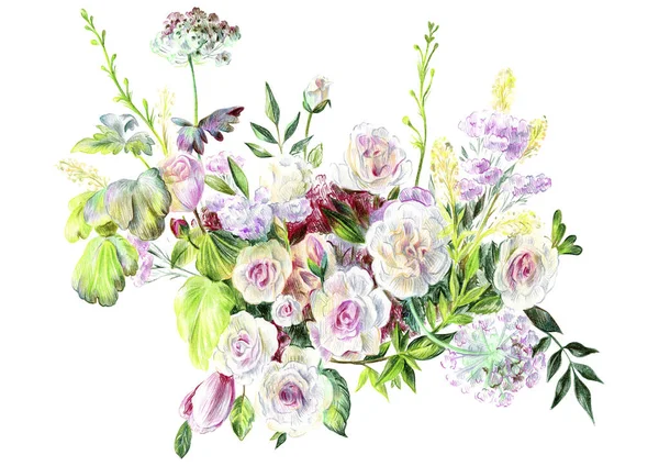 Огромный Свадебный Букет Садовых Цветов Белом Фоне Рисунок Карандаша — стоковое фото
