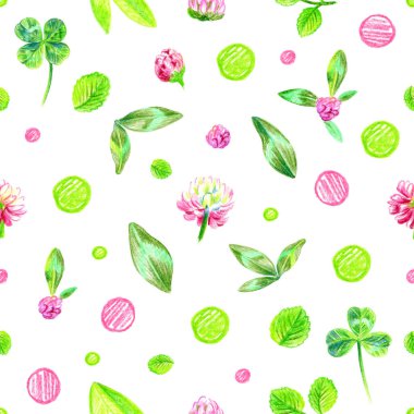 Puantiyeli ve çayırlık çiçekli kusursuz desen. Kalem çizimi.