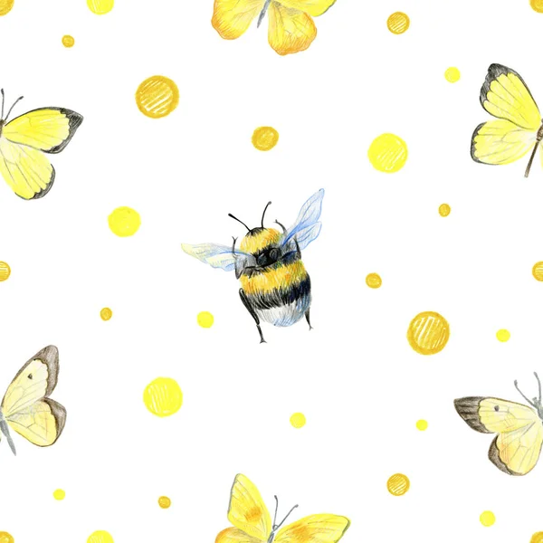 蝶やバンブルビーと黄色の色でシームレスなポルカドットパターン 手描き — ストック写真