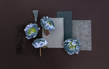 Moda mavisi şakayık, ahşap arkaplan, pastel renk, üst manzara