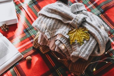 Sonbahar bahar bahar süveter sepetinde elma yaprağı.