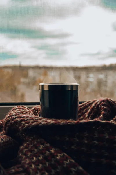 Чашка Чаю Кава Напій Шарф Ранковий Кубок Вікні — стокове фото