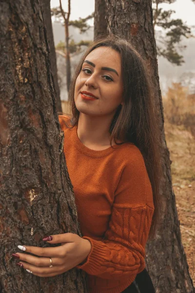 Ragazza Nell Albero Della Foresta Autunno — Foto Stock