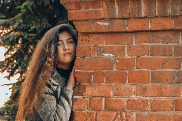 Jovem Mulher Com Cabelos Longos Outono Parque Morena — Fotografia de Stock