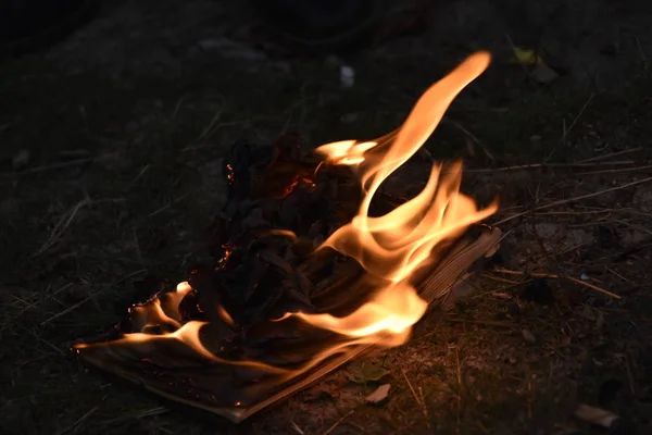 Libro Incendio Fuoco Fiamma Pagina Falò Campeggio Falò — Foto Stock