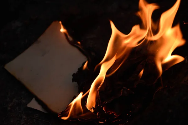 Livro Queima Fogo Chama Página Fogueira Acampamento Fogueira — Fotografia de Stock