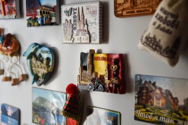 Dünya ülkelerinden gelen buzdolabının üzerinde birçok mıknatıs var. Son tatilden kalma yeni bir buzdolabı mıknatısı.) 