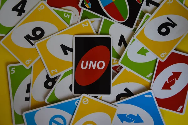 Англія Лондон Вересня 2019 Deck Uno Ігрові Карти Розкидані Всьому — стокове фото