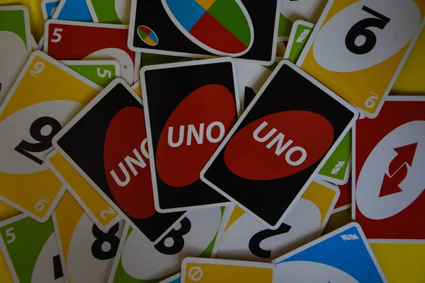 Angleterre Londres Décembre 2019 Deck Uno Game Cards Éparpillé Sur — Photo