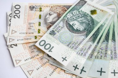Polonya parası, beyaz arka planda Polonya parası, yüz iki yüz Polonya parası.