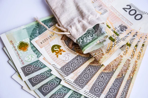 Polaco zloty moneda, polonia dinero en el fondo blanco, uno y doscientos polaco efectivo en bolsa de dinero — Foto de Stock