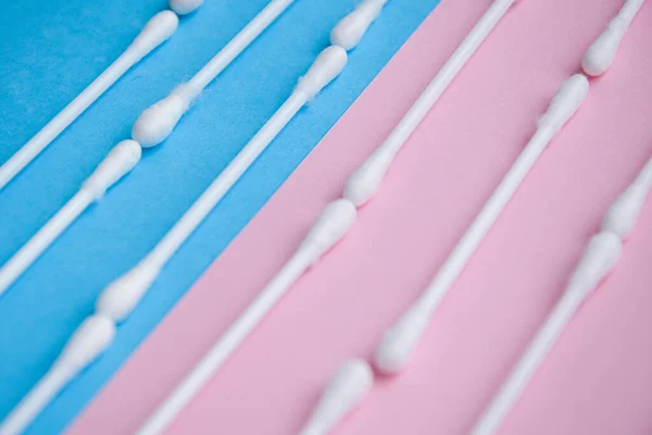 Row Ears Sticks Blue Pink Close White Cotton Swabs Blue — Stock Photo, Image