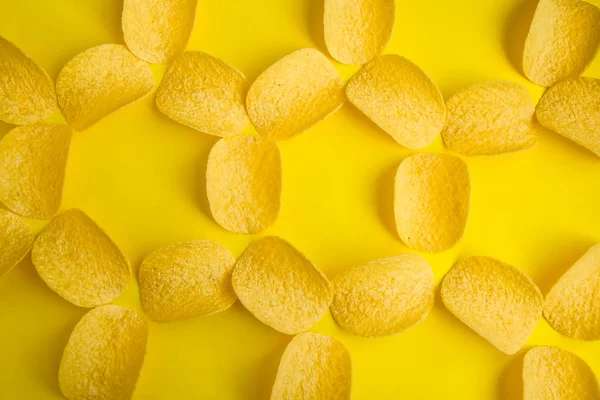Delicious Potato Chips Yellow Background Junk Food Fast Snack Crisps — ストック写真
