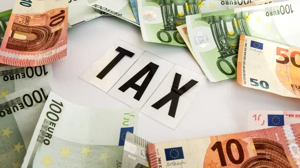 Euro Money Frame Tax Word Iscription White Background Banknote European — Stock Photo, Image