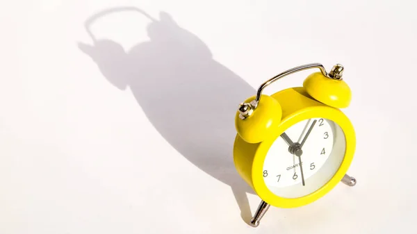 Yellow Alarm Clock White Background Copy Space Cute Yellow Metal — Stockfoto