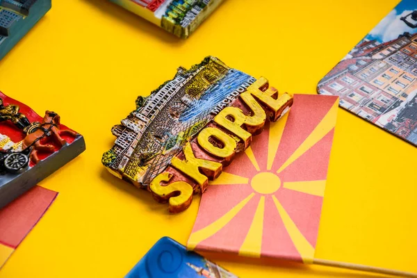 Macedonia Concepto Viaje Imán Skopje Bandera Macedonia Viaje Planificación — Foto de Stock