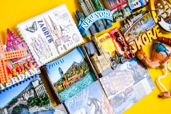 Magnets Different Countries Yellow Background Travel Concept Planning Trip — Stock Photo, Image