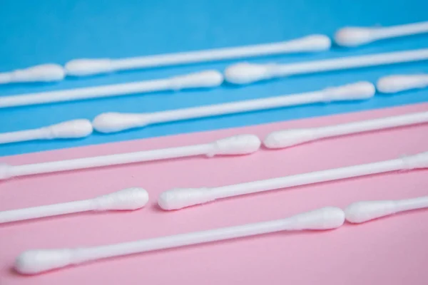 Row Ears Sticks Blue Pink Close White Cotton Swabs Blue — Stock Photo, Image