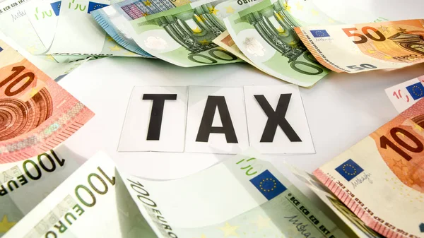 Euro Money Frame Tax Word Iscription White Background Banknote European — Stockfoto