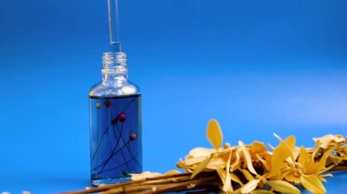 Dropper glass Bottle Mock-Up in female hands on blue background with dry flowers. Oily drop falls from cosmetic pipette,