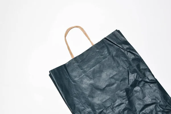 Ovanifrån Blått Papper Shoppingväska Vit Bakgrund Mock Tomt Blått Papper — Stockfoto