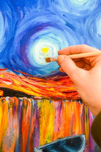 Boya fırçası, el ve yağ bezi, sanatçının eli, Kartonda Akrilik ve Tam spektrum Boyama, Van Gogh Yıldızlı Gece