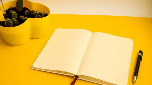 サボテンと空のノートブックペンで黄色の背景 フリーランスの作業環境ビュー コピースペース ヘッドフォンの家の職場 — ストック写真