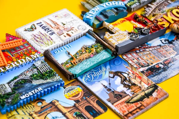 Magnets Different Countries Yellow Background Travel Concept Planning Trip — Stock Photo, Image