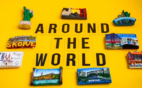 Text World Magnets Different Countries Yellow Background Travel Concept Planning — Stock Photo, Image