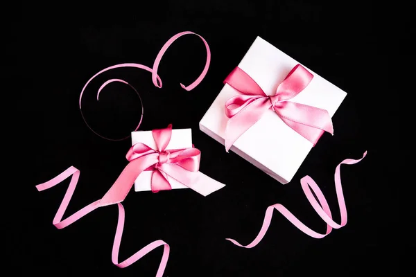 Gift Boxes Pink Ribbon Decorations Dark Black Background Holiday Concept — Stock Photo, Image