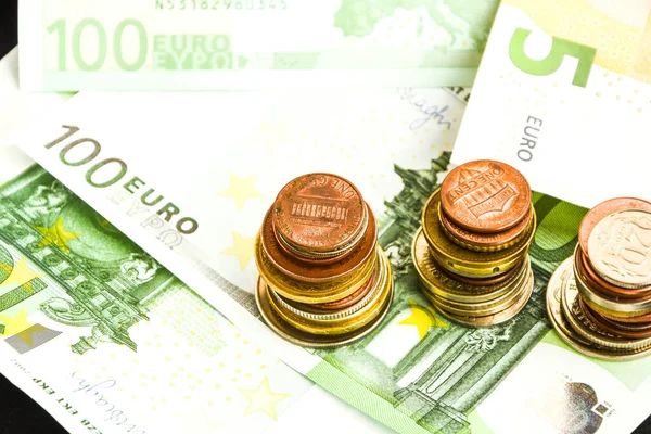 Monedas Euros Sobre Fondo Dinero Los Billetes Una Moneda Sobre — Foto de Stock
