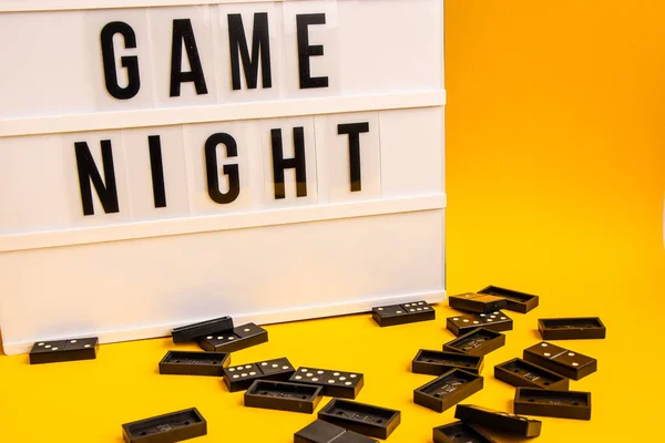 Game Night Text Lightbox Black Dominoes Yellow Background Table Game — Stock Photo, Image
