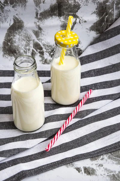 Bottle Fresh Milk Table Retro Milk Bottle Striped Drinking Straw — Stock Photo, Image