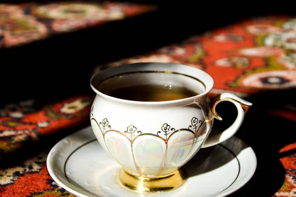 Vintage Porcelain Tea Time Turkish Carpet Black Tea Smoke China — Stock Photo, Image